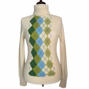 Express 100% Cashmere Sweater L Ivory Argyle Turtleneck Soft Preppy Classic Y2K